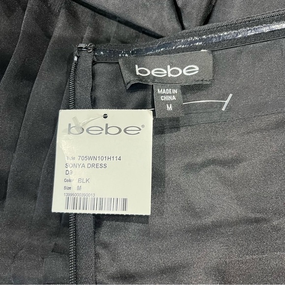 BEBE Mini Dress Size Medium Black Silk NWT Pleated Strapless Party Cocktail LBD - Picture 9 of 12